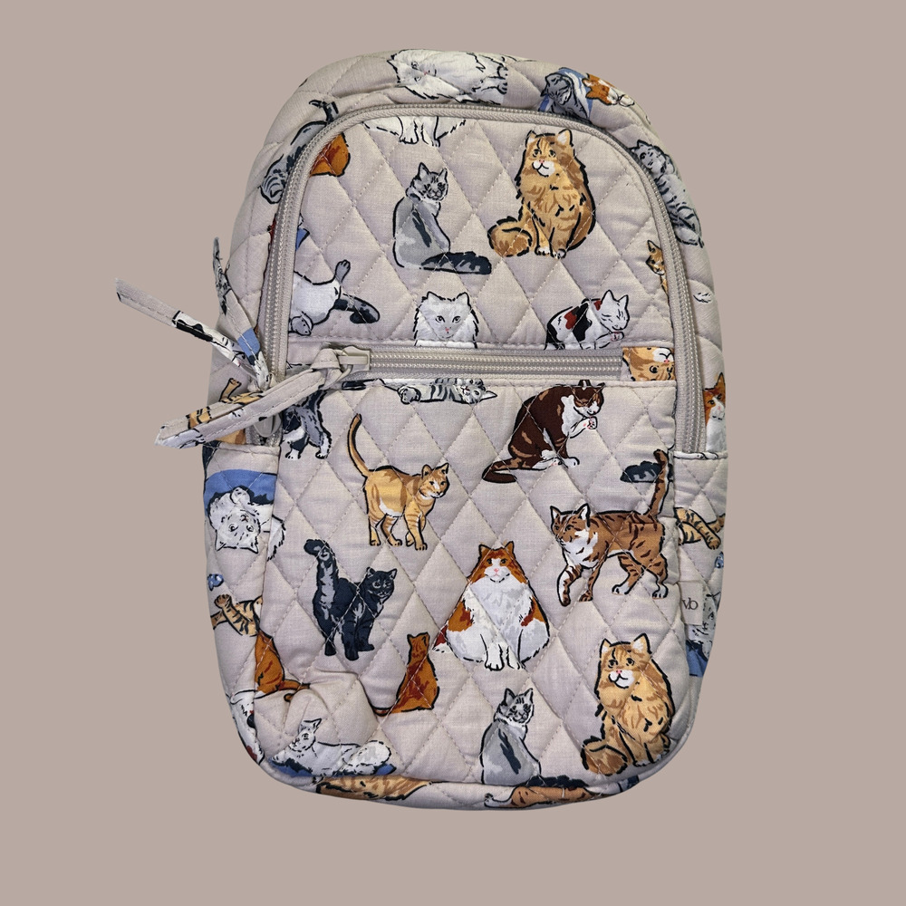 New Vera Bradley A Cats Life Essential Sling Backpack Cotton Beige - Picture 1 of 5
